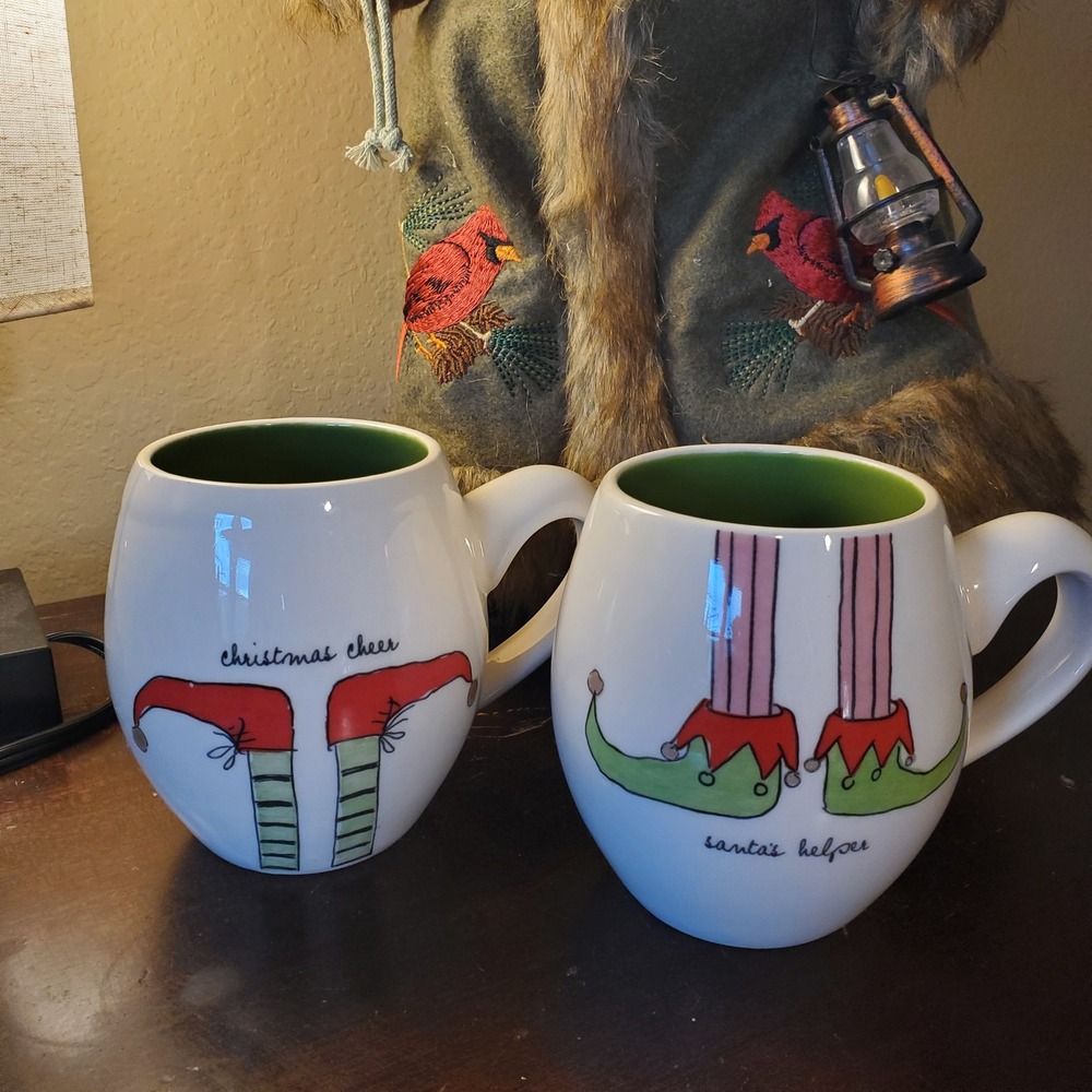 Rae Dunn Christmas Cheer Santa's Helper Elf Mugs Set of 2 Green Interior Ceramic